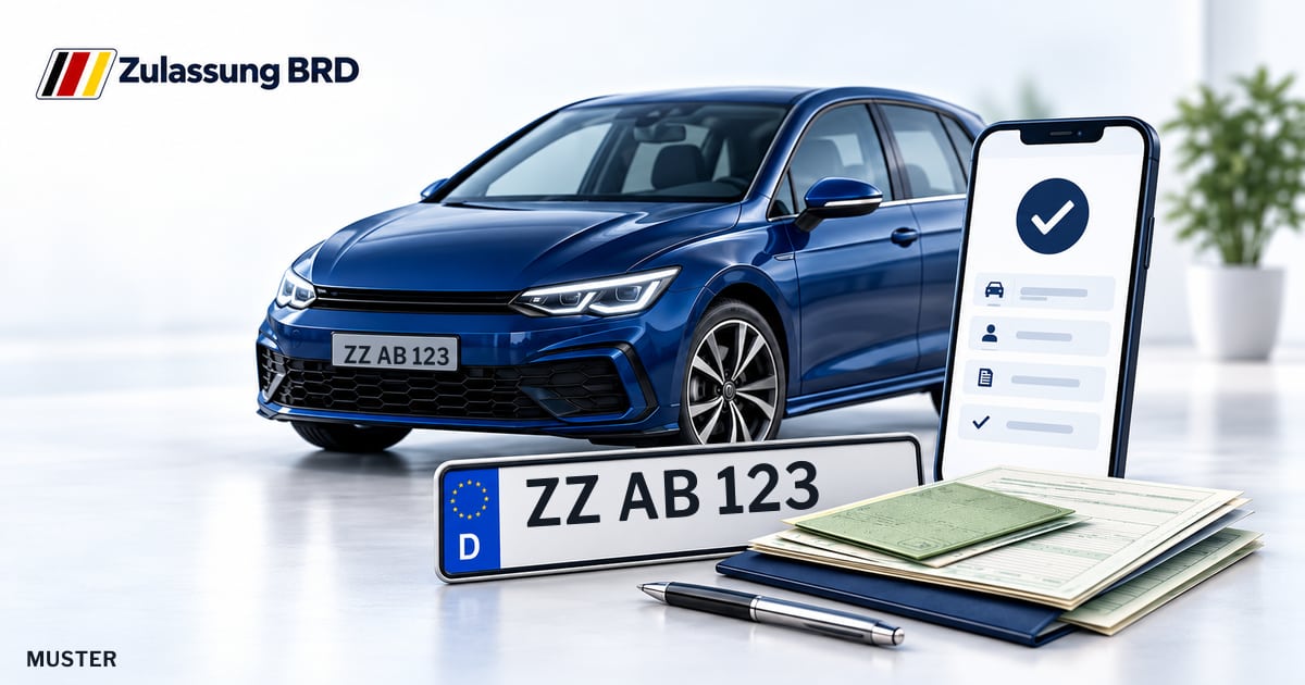 Online Fahrzeugzulassung in Weißenfels: Musterkennzeichen ZZ AB 123, Auto und Fahrzeugpapiere und Smartphone. Illustration mit Logo von Zulassung BRD.